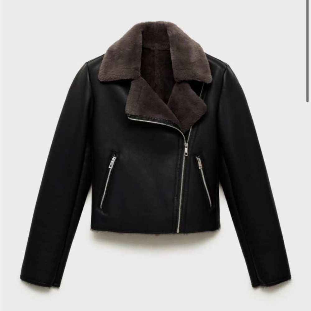 Mango Black faux Leather Jacket with faux Shearling Collar